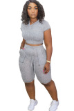 Grey Polyester Fashion Casual adult Ma'am Patchwork Solid Two Piece Suits pencil Short Sleeve Two Pieces