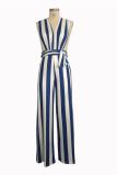 Blue Sexy Fashion zipper Striped Print Patchwork Polyester Sleeveless V Neck  Jumpsuits