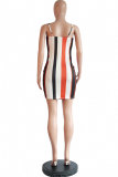 Multi-color Polyester Sexy Fashion Spaghetti Strap Sleeveless Slip Princess Dress skirt Striped Patchwork Print 