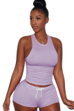 purple knit Sexy Patchwork Two Piece Suits Solid Straight Sleeveless  Two-Piece Short Set