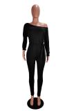 Green Fashion Casual Solid bandage Polyester Long Sleeve one word collar  Jumpsuits
