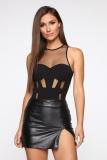 Black Sexy Fashion Hollow Mesh Patchwork perspective Sleeveless O Neck 