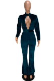 Navy Blue Velvet Elastic Fly Long Sleeve Mid Patchwork Hooded Out Boot Cut Pants  Jumpsuits & Rompers