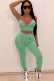 Green Polyester Sexy Fashion Solid Patchwork pencil Sleeveless  Two-piece Pants Set