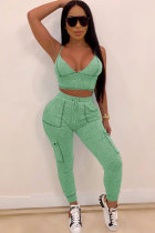Green Polyester Sexy Fashion Solid Patchwork pencil Sleeveless  Two-piece Pants Set