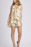 Beige Elastic Fly Mid Print Straight shorts Two-piece suit