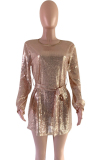 Champagne Acetyl fiber Casual Cap Sleeve Long Sleeves O neck Step Skirt Knee-Length bandage Sequin Solid Patch