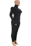 Black Polyester Casual Two Piece Suits Solid pencil Long Sleeve  Two-piece Pants Set