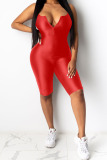 rose red Fashion Casual Solid zipper Sleeveless Slip Rompers