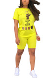 Yellow Fashion Street Print Two Piece Suits Straight Short Sleeve Two Pieces