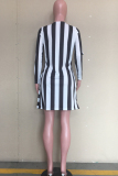 White Acetyl fiber Sweet Cap Sleeve Long Sleeves O neck Swagger Knee-Length Print Striped Patchwork 