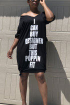 Black Sexy Fashion Cap Sleeve Half Sleeves V Neck Asymmetrical Knee-Length Print Character  Print Dresses