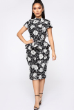 Black Casual Cap Sleeve Short Sleeves O neck Step Skirt Knee-Length Print Floral Casual Dresses