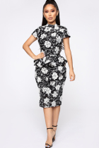 Black Polyester Casual Cap Sleeve Short Sleeves O neck Step Skirt Knee-Length Print Floral  Casual Dresses