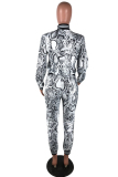 White Polyester adult Sexy Fashion Print serpentine Patchwork Two Piece Suits pencil Long Sleeve 