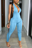 Blue Fashion Sexy Backless Solid Spandex Sleeveless V Neck Jumpsuits