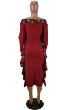 Red Sexy Fashion Off The Shoulder Long Sleeves One word collar A-Line Ankle-Length Patchwork 