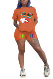 Orange Fashion Casual adult Letter Patchwork Print Solid Two Piece Suits Straight Short Sleeve Two Pieces
