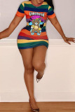 multicolor Fashion Casual cartoon multicolor Cap Sleeve Short Sleeves O neck Step Skirt skirt Striped Print Dresses