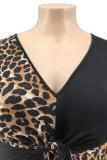 Blue Polyester Sexy adult Fashion V Neck Patchwork Print Leopard Bandage Stitching  Plus Size Dresses