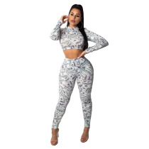 White Elastic Fly Mid Print pencil Pants  Two-piece suit