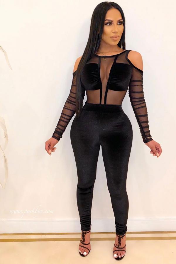 Black Fashion Casual perspective Mesh Patchwork Polyester Long Sleeve O Neck  Jumpsuits
