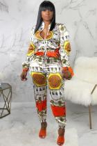 multicolor Fashion Sexy zipper Patchwork Print Polyester Long Sleeve Mandarin Collar  Jumpsuits
