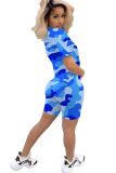 Blue Fashion Active adult Ma'am Patchwork Print Camouflage Two Piece Suits Straight Short Sleeve Two Pieces