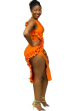 Orange Polyester Sexy Tank Sleeveless O neck Asymmetrical skirt Patchwork Solid asymmetrical stringy selved
