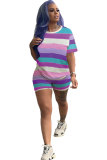 purple Sexy Casual Fashion Striped Patchwork Print Straight Short Sleeve