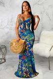 Green Polyester Sexy Fashion Spaghetti Strap Sleeveless Slip Mermaid Floor-Length asymmetrical Letter band