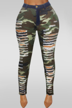 Camouflage Polyester Button Fly Sleeveless High Patchwork camouflage Print Hole pencil Pants 
