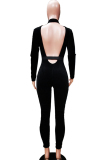 Black Sexy Solid Polyester Long Sleeve O Neck 