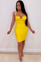 Yellow Polyester Sexy Fashion Tank Sleeveless Slip Step Skirt Knee-Length asymmetrical Solid Patchwork  Clu