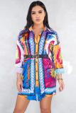 multicolor Sexy Fashion adult Cap Sleeve Long Sleeves O neck Straight Mini Patchwork Print