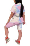 Powder blue Fashion Casual adult Patchwork Print Tie Dye Gradient Two Piece Suits pencil Short Sleeve Two Pieces
