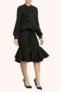 Black Fashion Long Sleeves O neck Mermaid Knee-Length ruffle Solid  Two Piece Dresses