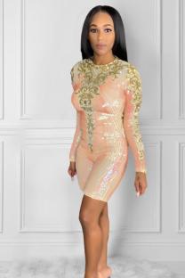 Pink Fashion Sexy Mesh Sequin perspective Polyester Long Sleeve O Neck 