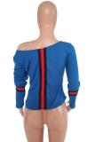 Blue One word collar Long Sleeve Patchwork Ribbon Solid
