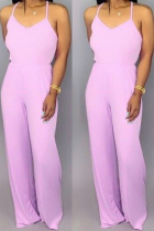 Light Pink Fashion Casual Solid Asymmetrical Polyester Sleeveless Slip  Jumpsuits