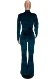 Navy Blue Velvet Elastic Fly Long Sleeve Mid Patchwork Hooded Out Boot Cut Pants  Jumpsuits & Rompers