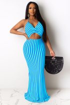 Blue Polyester adult Sexy Fashion Off The Shoulder Sleeveless Slip Pencil Dress Floor-Length backless Pri