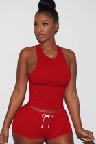 Red knit Sexy Patchwork Two Piece Suits Solid Straight Sleeveless  Two-Piece Short Set