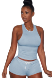 Light Blue knit Sexy Patchwork Two Piece Suits Solid Straight Sleeveless  Two-Piece Short Set