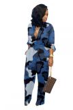 Blue Fashion Casual Button bandage Coloured drawing Camouflage Polyester Long Sleeve O Neck 