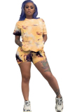 Yellow Fashion Casual adult Ma'am Print Tie Dye Two Piece Suits pencil Short Sleeve Two Pieces