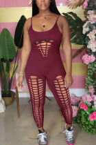 Wine Red Fashion Sexy Hole Hollow Solid Milk. Sleeveless Slip Jumpsuits