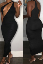 Black Polyester Fashion Sexy adult One Shoulder Sleeveless one shoulder collar Step Skirt Mid-Calf Striped