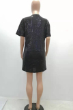 Black Casual lantern sleeve Half Sleeves O neck Lantern skirt skirt Patchwork Print Sequin