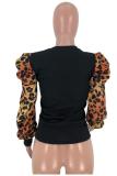 Black Nylon O Neck Long Sleeve Leopard Print Patchwork Slim fit 